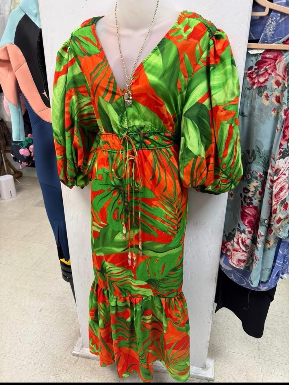 Tropical Wrap-Style Maxi Dress in Green & Orange
